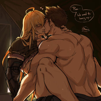 2boys ahoge back bara beard blonde_hair blush bottomless brown_hair butt_crack character_request clothed_sex clothes_lift couple cuts english_text facial_hair feet_out_of_frame from_behind grabbing_another&#039;s_chin hand_on_another&#039;s_chin hand_on_another&#039;s_neck heart implied_anal implied_sex injury kiss long_hair long_sideburns male_focus minghii multiple_boys muscular muscular_male official_alternate_costume rex_(xenoblade) scar shirt_lift short_hair shulk_(xenoblade) sideburns sitting sitting_on_lap sitting_on_person spiked_hair straddling sweat tent tent_interior topless_male upright_straddle xenoblade_chronicles_(series) xenoblade_chronicles_3 xenoblade_chronicles_3:_future_redeemed yaoi