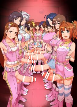 6+futa ahoge akizuki_ritsuko amami_haruka bar_censor black_hair blonde_hair blue_eyes blue_hair blue_pants blue_skirt boots breasts brown_eyes brown_hair censored closed_mouth crop_top dress erection futami_ami futami_mami futanari ganaha_hibiki green_eyes grey_hair hagiwara_yukiho hairband heart heart-shaped_pupils highres hoshii_miki huge_penis idolmaster idolmaster_(classic) indoors kikuchi_makoto kisaragi_chihaya knee_boots large_breasts large_penis long_hair looking_at_viewer medium_breasts midriff minase_iori miura_azusa momo_no_suidou-sui multiple_futa navel open_mouth orange_eyes orange_hair pants penis penis_out penis_size_difference pink_dress pink_pants pink_skirt shijou_takane short_hair skirt small_breasts smile standing symbol-shaped_pupils takatsuki_yayoi testicles thighhighs white_pants