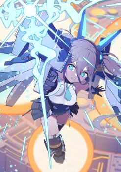 Rule 34 | 1girl, absurdres, aris (armed) (blue archive), aris (blue archive), armored legwear, bare shoulders, black gloves, black hair, black skirt, black thighhighs, blue archive, blue eyes, blue halo, blue leotard, blue necktie, blue sleeves, breasts, clenched teeth, commentary, detached sleeves, fukujin, gloves, gun, hair between eyes, halo, handgun, highres, holding, holding gun, holding weapon, leotard, long hair, mecha musume, medium breasts, necktie, official alternate costume, official alternate hairstyle, shirt, skirt, solo, teeth, thighhighs, twintails, very long hair, weapon, white shirt