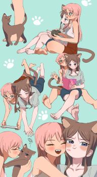 2girls absurdres animal_ears animalization bang_dream! bang_dream!_it's_mygo!!!!! barefoot blue_background book brown_hair cat_ears cat_girl cat_tail chihaya_anon chinese_commentary commentary_request controller game_controller glasses grey_shirt highres holding holding_book holding_controller holding_game_controller hug kemonomimi_mode lipstick_mark lipstick_mark_on_face long_hair multiple_girls nagasaki_soyo paw_print pink_hair red_shorts shirt shorts simple_background smile tail tank_top toes white_tank_top wo_mingzi_bei_qile yuri