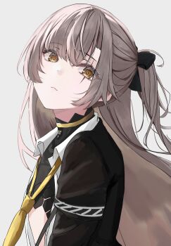 1girl absurdres black_bow black_jacket bow brown_hair collared_shirt commentary_request crossed_bangs dress_shirt from_side girls&#039;_frontline girls&#039;_frontline_2:_exilium grey_background hair_bow head_tilt highres jacket leva_(girls&#039;_frontline_2) long_hair looking_at_viewer loose_necktie necktie one_side_up open_clothes open_jacket open_shirt satsumaagee scar scar_across_eye scar_on_face shirt sidelocks simple_background solo stomach turning_head ump45_(girls&#039;_frontline) upper_body white_shirt yellow_eyes yellow_necktie
