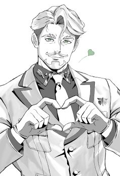 Rule 34 | 1boy, absurdres, challia bull, closed mouth, commentary request, facial hair, gloves, goatee, green eyes, grey hair, gundam, gundam gquuuuuux, heart, heart hands, highres, looking at viewer, male focus, mature male, mustache, necktie, ponju art, short hair, solo, spot color, upper body