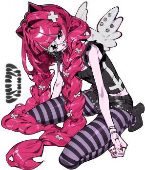 1girl absurdres animal_ears black_shoes black_shorts black_tank_top bow bracelet braid cat_ears commentary eyepatch fingernails full_body hair_between_eyes hair_intakes hair_ornament highres invisible_floor jewelry long_hair looking_at_viewer open_mouth original pantyhose pink_eyes pink_hair pink_nails scocasr sharp_fingernails shoes short_shorts shorts simple_background sitting solo striped_clothes striped_pantyhose symbol-only_commentary tank_top twin_braids very_long_hair white_background white_bow white_wings wings x_hair_ornament