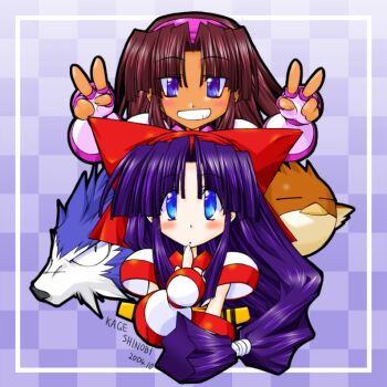 2girls ainu_clothes artist_name blue_eyes brown_hair dark-skinned_female dark_skin double_v dual_persona finger_to_mouth fingerless_gloves from_side gloves grin hair_ribbon highres index_finger_raised long_hair looking_at_viewer mamahaha multiple_girls murasaki_nakoruru nakoruru parted_lips purple_hair ribbon samurai_spirits shikuru short_hair smile snk v wolf