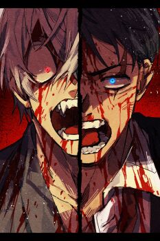 2boys black_hair black_jacket blood blood_on_clothes blood_on_face blue_eyes collarbone fangs gegege_no_kitarou grey_hair highres jacket japanese_clothes kitarou_tanjou:_gegege_no_nazo looking_at_viewer male_focus medama_oyaji medama_oyaji_(human) mizuki_(gegege_no_kitarou) multiple_boys necktie nive_(dn) open_mouth red_background red_eyes red_necktie scar scar_across_eye scar_on_face shirt split_screen straight-on teeth unusually_open_eyes white_shirt