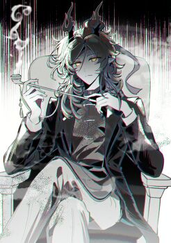1boy absurdres arknights armchair black_background chair chinese_clothes chinese_commentary closed_mouth crossed_legs dragon_horns earrings elbow_rest expressionless feet_out_of_frame greyscale hair_between_eyes hair_ribbon hands_up highres holding holding_smoking_pipe horns jacket jewelry ji_(arknights) lapels long_hair long_sleeves looking_at_viewer male_focus monochrome notched_lapels open_clothes open_jacket pants pointy_ears ribbon shaded_face sitting smoke smoking_pipe solo spot_color tangzhuang topknot tunic white_background yecai_baozi yellow_eyes
