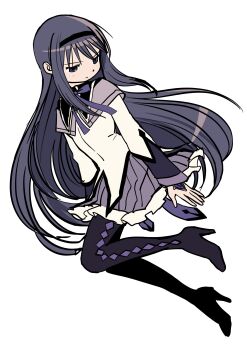 1girl absurdres akemi_homura akemi_homura_(magical_girl) argyle_clothes argyle_pantyhose black_hair black_hairband black_pantyhose commentary frilled_skirt frills full_body hairband high_heels highres long_hair magical_girl mahou_shoujo_madoka_magica mahou_shoujo_madoka_magica_(anime) pantyhose purple_skirt simple_background skirt solo soul_gem uranagi_(uranaginasi) white_background