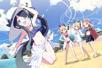 4girls alternate_costume animal_ear_headphones animal_ears aqua_halo aris_(blue_archive) arm_up bare_legs bare_shoulders barefoot beach bikini black_bikini black_hair blonde_hair blue_archive blue_bikini blue_eyes blue_sky blush bow cat_ear_headphones cat_ears cloud collarbone fake_animal_ears feet flat_chest flip-flops forehead frilled_bikini frills game_development_department_(blue_archive) green_bikini green_halo green_sandals grin halo hand_on_own_hip hand_up hat headphones highres jacket jumping kyousuke_(orcein) loli long_hair long_sleeves looking_at_viewer low_twintails medium_hair midori_(blue_archive) momoi_(blue_archive) multiple_girls navel ocean open_clothes open_jacket open_mouth outdoors partially_open_jacket pink_bikini pink_bow pink_halo pink_sandals rectangular_halo red_hair sand sandals siblings sisters sky sleeveless sleeveless_jacket smile split_mouth swimsuit tilted_head toes twins twintails very_long_hair water_gun white_bow white_hat white_jacket white_sandals yellow_halo yuzu_(blue_archive)