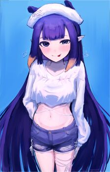 1girl absurdres beret blue_background blue_eyes blue_shorts blunt_bangs commentary cropped_shirt denim denim_shorts earrings gradient_hair hat heart heart_earrings highres hololive hololive_english jewelry long_hair long_sleeves looking_at_viewer multicolored_hair navel ninomae_ina&#039;nis nynaceae orange_hair purple_hair shirt short_shorts shorts solo tentacle_hair tongue tongue_out very_long_hair virtual_youtuber white_shirt