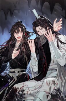 Rule 34 | 2boys, absurdres, ahoge, biting, biting another's arm, black hair, black hanfu, blood, blood on clothes, blurry, blurry foreground, blush, brown eyes, brown hair, cave, chinese clothes, dirty, dirty clothes, dirty face, gearous, grass, hair between eyes, hair ribbon, hanfu, high ponytail, highres, holding another's arm, injury, lan wangji, long hair, long sleeves, looking at another, male focus, modao zushi, multiple boys, non-web source, official art, one eye closed, open mouth, outstretched arm, ponytail, red ribbon, ribbon, robe, sidelocks, sitting, tassel, teeth, torn clothes, wei wuxian, white hanfu, wide sleeves, xiao guan (headdress), yaoi, yaopei, yellow eyes