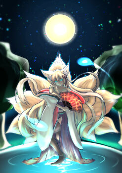 1girl absurdres animal_ear_fluff animal_ears bare_shoulders black_thighhighs blonde_hair blue_eyes breasts closed_mouth commentary_request eyes_visible_through_hair folding_fan fox_ears fox_girl fox_tail full_moon glowing glowing_eyes hair_between_eyes hair_ribbon hand_fan highres holding holding_fan japanese_clothes kitsune kyuubi large_breasts long_hair looking_at_viewer mon-musu_quest! mon-musu_quest:_paradox moon multiple_tails night red_ribbon ribbon smile standing tail tamamo_(mon-musu_quest!) tamamo_(monster_realm)_(mon-musu_quest!) thighhighs toppogy tree very_long_hair water wide_sleeves