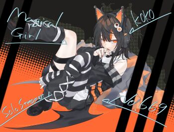 1girl absurdres ahoge animal_ear_headphones animal_ears asymmetrical_legwear black_leg_warmers black_nails black_shoes black_sweater cat_ear_headphones cat_ears commentary_request english_text eyeball_hair_ornament fake_animal_ears fake_wings hajimaru half-closed_eyes headphones highres leg_up leg_warmers looking_at_viewer magical_girl mahou_shoujo_no_majo_saiban open_mouth orange_eyes orange_nails orange_streaks sawatari_coco sharp_teeth shoes solo sweater teeth wings