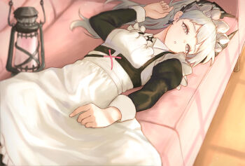 1girl apron arknights arm_up bra breasts coach cowboy_shot cross cross_earrings cross_scar dress earrings frilled_dress frilled_headwear frills grey_eyes grey_hair head_wings highres irene_(arknights) irene_(voyage_of_feathers)_(arknights) jewelry juliet_sleeves lantern long_hair long_sleeves looking_at_viewer lying maid maid_apron maid_headdress official_alternate_costume on_back parted_lips pink_pupils ponytail puffy_sleeves runyo_(yale12312) scar scar_across_eye scar_on_face small_breasts solo underwear white_apron white_bra white_headdress wings