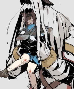 1boy 1girl animal_ears arknights arm_wrap black_hairband black_jacket black_skin blue_skirt brown_hair brown_socks colored_skin commentary_request constricted_pupils dirty dirty_clothes flailing fox_ears fox_girl frown furrowed_brow gloves hairband highres horns horrified imminent_vore jacket layered_sleeves lifting_person long_sleeves looking_up miniskirt monster_boy motion_lines mutomorokoshi no_shoes open_mouth peril rhodes_island_medic_(arknights) saliva saliva_on_head saliva_trail sarkaz_wither_devourer scraped_knee sharp_teeth short_hair short_over_long_sleeves short_sleeves simple_background size_difference skirt socks struggling teeth upper_body white_background white_gloves wide-eyed