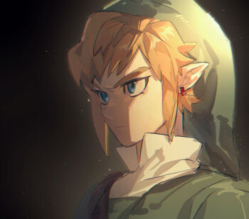 1boy blue_eyes closed_mouth commentary earrings frown glaring green_hat green_tunic hat highres jewelry light_particles link male_focus nintendo pointy_ears serious solo sumooo_(ga_ilil) symbol-only_commentary the_legend_of_zelda the_legend_of_zelda:_skyward_sword tunic v-shaped_eyebrows