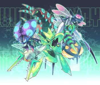 alternate_color araquanid beedrill blue_eyes bug claws commentary_request gen_1_pokemon gen_4_pokemon gen_5_pokemon gen_7_pokemon gen_8_pokemon glowing insect_wings k_(kuri) legs_apart mega_beedrill mega_pokemon nintendo no_humans orbeetle pink_eyes pokemon pokemon_(creature) scolipede shiny_pokemon vikavolt wings yanmega yellow_eyes