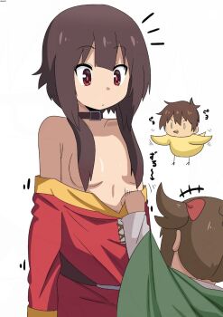 +++ 1boy 2girls artist_logo artist_name bambi2000line belt belt_collar blunt_bangs bow breasts brown_belt brown_hair cape chibi chibi_inset closed_mouth clothes_pull collar convenient_hair cowboy_shot dot_nose dress dress_pull from_behind green_cape hair_bow highres kono_subarashii_sekai_ni_shukufuku_wo! logo loli long_sleeves looking_at_another megumin multiple_girls no_bra off-shoulder_dress off_shoulder raised_eyebrows red_bow short_hair_with_long_locks short_twintails signature simple_background small_breasts solo_focus trembling twintails white_background