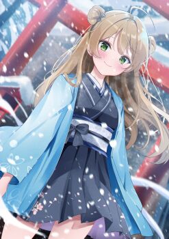 1girl aizawa_(aizawatsu) antenna_hair arms_at_sides black_bow black_kimono black_skirt blue_haori blurry blurry_background blush bow brown_hair closed_mouth commentary cowboy_shot double_bun dutch_angle english_commentary girls'_frontline green_eyes hair_bow hair_bun haori highres japanese_clothes kimono long_hair long_sleeves looking_at_viewer obi obiage obijime outdoors pleated_skirt rfb_(girls'_frontline) sash skirt smile snow snowing solo standing torii white_sash