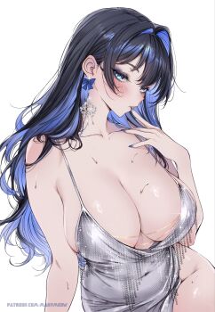 1girl black_hair blue_eyes blue_hair blue_nails blush breasts colored_inner_hair commentary covered_navel curvy dress earrings english_commentary glitter_dress grey_dress hair_intakes highres hololive hololive_english jewelry large_breasts long_hair maria_(marymeow) multicolored_hair nail_polish ouro_kronii ribbon_earrings simple_background sleeveless sleeveless_dress solo spaghetti_strap sweat thick_thighs thighs virtual_youtuber white_background wide_hips