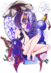 Rule 34 | 1girl, asagirimao, ass, bare shoulders, barefoot, bottle, breasts, eyeliner, fate/grand order, fate (series), gourd, hair ornament, highres, horns, looking at viewer, makeup, purple eyes, purple hair, revealing clothes, short hair, shuten douji (fate), sitting, skin-covered horns, small breasts, solo