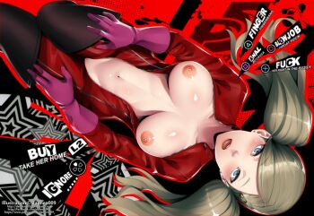 1girl blonde_hair bodysuit breasts catsuit commentary dannex009 elbow_gloves english_commentary english_text full-length_zipper gameplay_mechanics gloves green_eyes highres looking_at_viewer lying menu nipples on_back open_bodysuit open_clothes open_mouth panther_(persona_5) persona persona_5 persona_5_the_royal pussy pussy_peek red_bodysuit solo takamaki_anne toned twintails zipper