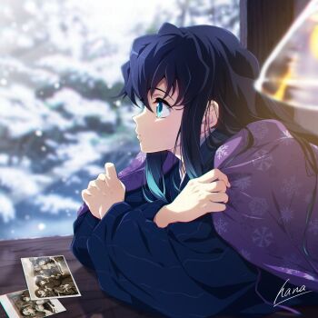 Rule 34 | 1boy, aqua eyes, aqua hair, black hair, blue kimono, gradient hair, hana ni nare, highres, japanese clothes, kamado tanjirou, kimetsu no yaiba, kimono, long hair, long sleeves, male focus, multicolored hair, solo, tokitou muichirou