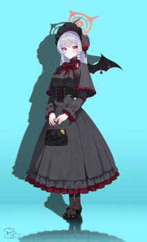 1girl absurdres alternate_costume aqua_background bag black_bonnet black_capelet black_corset black_dress black_shoes black_wings blue_archive blush bonnet bow bowtie braid braided_sidelock breasts capelet closed_mouth corset demon_wings dress flower frilled_capelet frilled_dress frilled_sleeves frills gothic_lolita grey_hair halo handbag haruna_(blue_archive) hashtag-only_commentary hat hat_flower high_heels highres holding holding_bag lolita_fashion long_hair long_sleeves looking_at_viewer medium_breasts raised_inner_eyebrows red_bow red_bowtie red_eyes red_halo red_ribbon ribbon royalbunny003 shadow shoes signature single_wing smile solo standing wing_ornament wings