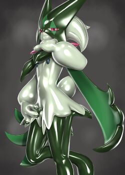 1boy bodysuit character_costume chastity_cage commentary_request cosplay fake_tail fumi11gou green_bodysuit highres kigurumi latex latex_bodysuit looking_at_viewer meowscarada meowscarada_(cosplay) nintendo pokemon pokemon_(creature) red_eyes shiny_clothes solo tail trap