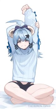 1girl adversarial_noise aegis-link ahoge animal_ears arm_behind_head arms_up artist_name bare_legs barefoot bear_ears blue_hair blue_sweater bow clenched_hand commentary crossed_legs english_commentary feet frown full_body hair_bow hair_ornament hairclip highres huge_ahoge long_hair long_sleeves no_pants ribbed_sweater simple_background sitting solo stretching sweater toenails toes triggerphish virtual_youtuber yoako