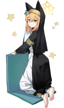 1girl absurdres barefoot blue_archive blue_eyes blush feet highres long_hair looking_at_viewer mari_(blue_archive) ningmeng_chamao nun orange_hair soles toes