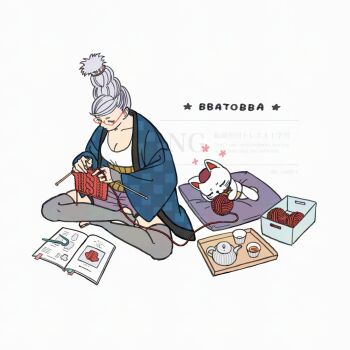 1girl ayase_seiko back_brace blue_haori breasts cat cleavage commentary_request cup dandadan full_body glasses grey_hair grey_thighhighs haori indian_style japanese_clothes k_ysd001 knitting knitting_needle long_hair medium_breasts needle pillow purple_shorts shirt shorts sitting teacup teapot thighhighs turbo_granny_(dandadan) updo white_background white_shirt yarn yarn_ball