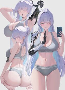 Rule 34 | 1girl, abhaya mudra, absurdres, adjusting hair, alternate costume, armpits, arms behind head, arms up, ass, axillary tail of spence, blunt bangs, blush, bra, breasts, calvin klein, cellphone, closed mouth, colored eyelashes, colored inner hair, commentary, cowboy shot, ear piercing, earrings, feet, from behind, full body, goddess of victory: nikke, grey background, grey bra, grey panties, grey sports bra, hair intakes, hair lift, hair tie in mouth, hand in own hair, hands in own hair, highres, holding, holding phone, jewelry, kneeling, large breasts, long hair, looking at phone, looking at viewer, looking back, mechanical arms, mechanical hands, mole, mole under eye, mouth hold, multicolored hair, multiple views, navel, nayuta (nikke), panties, parted lips, phone, piercing, rizz (ac rizz), simple background, single mechanical arm, single mechanical hand, smartphone, soles, sports bra, sports panties, standing, stomach, toes, tying hair, underwear, underwear only, unusually open eyes, upper body, very long hair, white background, white eyelashes, white eyes, white hair