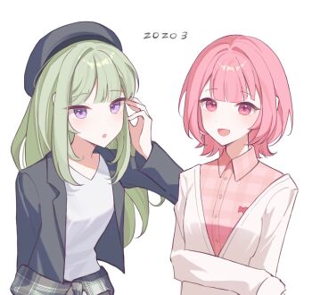 2girls :d :o arm_at_side arm_behind_back arm_under_breasts beret black_hat black_jacket blunt_bangs breasts clothes_around_waist collared_shirt commentary dress_shirt green_hair hand_up hat highres jacket kusanagi_nene lapels leahy1230 long_hair long_sidelocks long_sleeves looking_at_viewer multiple_girls notched_lapels official_alternate_costume official_alternate_hairstyle ootori_emu open_clothes open_jacket open_mouth pink_eyes pink_hair pink_shirt plaid_clothes project_sekai purple_eyes shirt short_hair sidelocks simple_background sleeves_past_wrists small_breasts smile upper_body v-neck white_background white_jacket white_shirt wolf_cut zozotown