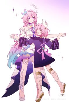 2girls apple_cafemocha aqua_hair bare_shoulders breasts coat cyrene_(aedes_elysiae)_(honkai:_star_rail) cyrene_(honkai:_star_rail) cyrene_(ripples_of_past_reverie)_(honkai:_star_rail) dancing diamond-shaped_pupils diamond_(shape) dress dual_persona flower full_body hair_flower hair_ornament hashtag-only_commentary high_heels highres honkai:_star_rail honkai_(series) large_breasts long_hair multicolored_hair multiple_girls pink_hair purple_coat purple_eyes sandals short_hair simple_background smile symbol-shaped_pupils two-tone_hair very_long_hair white_background white_dress