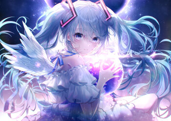 1girl aqua_hair asaya-bigun bare_shoulders blue_bow bow commentary_request dot_nose dress feet_out_of_frame hand_up hatsune_miku highres hugging_object long_hair looking_at_viewer looking_to_the_side planet purple_eyes smile solo space very_long_hair vocaloid white_dress white_wings wings
