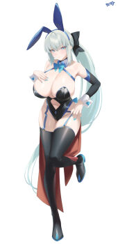 1girl absurdres alternate_costume animal_ears aqua_bow aqua_bowtie aqua_nails bare_shoulders black_boots black_leotard blue_eyes blue_hairband blush boots bow bowtie breasts cleavage closed_mouth clothing_cutout detached_sleeves fake_animal_ears fate/grand_order fate_(series) full_body hair_ornament hairband highres kurozawa_yui large_breasts leotard long_hair long_sleeves looking_at_viewer morgan_le_fay_(fate) nail_polish navel navel_cutout playboy_bunny ponytail rabbit_ears simple_background solo standing thigh_boots thighs white_background