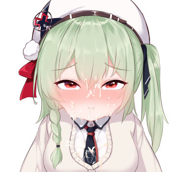 1girl after_fellatio beret black_necktie blush braid breasts cardigan collared_shirt cum cum_on_body cum_on_clothes facial full-face_blush full_mouth green_hair hair_between_eyes hat highres huanxiang_koudai_meow indie_virtual_youtuber large_breasts loli long_hair long_sleeves looking_at_viewer looking_up mesugaki mozhe_inkian necktie one_side_up portrait red_eyes shirt simple_background solo upper_body virtual_youtuber white_hat white_shirt