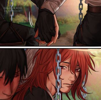 2boys angel angel_devil_(chainsaw_man) angel_wings belt black_gloves black_hair black_pants brown_belt chainsaw_man closed_eyes closed_mouth collared_shirt commentary embarrassed english_commentary gloves hair_between_eyes halo hayakawa_aki highres holding_hands jacket long_hair looking_at_another male_focus multiple_boys on_swing pants shirt shirt_tucked_in short_hair sitting suit_jacket swing traditional_halo twitter_username white_shirt white_wings wings yaoi yukaero4