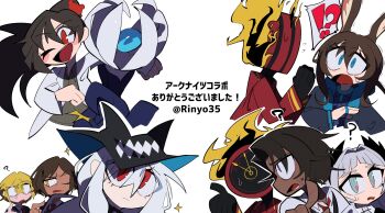 !? 1boy 1other 6+girls amiya_(arknights) arknights blonde_hair brown_hair carmen_(project_moon) creature dante_(limbus_company) deep_sea_slider_(arknights) don_quixote_(project_moon) grey_eyes hair_ornament hat heathcliff_(project_moon) highres irene_(arknights) jewelry limbus_company monster multiple_girls multiple_rings object_head orange_eyes outis_(project_moon) project_moon red_eyes ring rinyo35 scar seaborn_(arknights) skadi_(arknights) white_background white_hair yellow_eyes