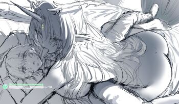 1boy 1girl ass assertive_female barefoot bed bedroom breast_press breasts clothed_male_nude_female commentary crown_of_thorns curtains earrings english_commentary fleurdelys_(wuthering_waves) floating_earrings from_above greyscale heads-up_display health_bar hetero hews highres horns huge_breasts indoors jewelry kneeling licking licking_another&#039;s_face lipstick_mark lipstick_mark_on_face long_hair long_tongue looking_at_another male_rover_(wuthering_waves) monochrome nude on_bed parted_lips pointy_ears rover_(wuthering_waves) sidelighting sidelocks single_horn sketch soles spread_legs tacet_mark_(wuthering_waves) toes tongue unfinished user_interface very_long_hair window wuthering_waves