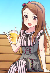 Rule 34 | 1girl, :d, asymmetrical bangs, black hairband, black ribbon, blue sky, blush, breasts, brown hair, cup, drinking straw, floral print, forehead, framed breasts, frilled shirt, frilled shirt collar, frills, hair ribbon, hairband, holding, holding cup, idolmaster, idolmaster (classic), idolmaster million live!, idolmaster million live! theater days, juice, koma tori, long hair, looking at viewer, minase iori, neck ribbon, on bench, open mouth, orange juice, pink eyes, ribbon, rose print, shirt, short sleeves, single sidelock, sitting, sky, small breasts, smile, solo, striped clothes, striped thighhighs, swept bangs, thighhighs, vertical-striped clothes, vertical-striped thighhighs