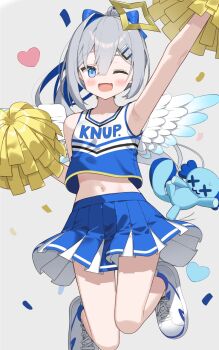 1girl alternate_hairstyle amane_kanata angel angel_wings blue_eyes blue_hair blue_skirt blush breasts cheerleader commentary_request grey_hair halo highres holding holding_pom_poms hololive looking_at_viewer one_eye_closed pom_pom_(cheerleading) pom_poms ponytail shirt shoes skirt small_breasts smile solo star_halo upao_(amane_kanata) virtual_youtuber white_shirt white_shoes wings yoru_no_yayoi
