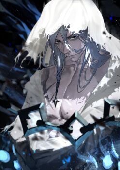 1boy azrael_(grand_assassin)_(fate) bags_under_eyes black_eyes chain colored_skin fadingz fate/grand_order fate_(series) grey_hair grey_skin long_hair looking_at_viewer male_focus pectorals robe scar scar_on_chest scar_on_face solo torn_clothes torn_robe white_robe