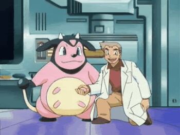 1boy animated animated_gif gen_2_pokemon lowres miltank nintendo pokemon pokemon_(anime) pokemon_(creature) professor_oak smile what