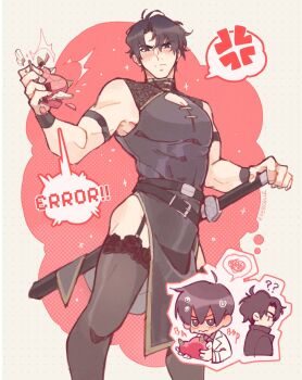 1boy above-cleavage_cutout abs anger_vein armlet armpits belt black_hair black_thighhighs china_dress chinese_clothes clothing_cutout contrapposto crushing doodle_inset dress error_message evercelle feet_out_of_frame highres holding holding_sheath jewelry kim_dokja looking_at_viewer muscular muscular_male omniscient_reader&#039;s_viewpoint pectoral_cleavage pectorals pelvic_curtain scabbard sheath short_hair side_slit sparkle spoken_anger_vein thighhighs wrist_cuffs yoo_joonghyuk