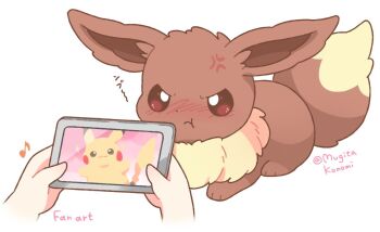 1other anger_vein animal_focus brown_eyes brown_fur closed_mouth eevee gen_1_pokemon holding holding_phone jealous looking_at_viewer mugita_konomi nintendo phone pikachu pokemon pokemon_(creature) pokemon_focus simple_background smile tail