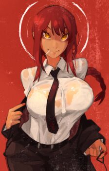 1girl @_@ belt black_belt black_jacket black_pants blazer blouse bra braid braided_ponytail breasts chainsaw_man cigarette cleavage coat eyebrows eyebrows_hidden_by_hair formal_clothes halo highres jacket khyle. large_breasts looking_at_viewer makima_(chainsaw_man) nail_polish pants ponytail pulling red_background red_nails removing_jacket ringed_eyes see-through_clothes see-through_shirt shirt single_braid smile underwear undressing white_bra white_shirt yellow_eyes