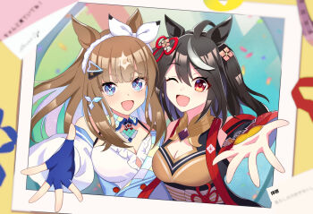 2girls ahoge almond_eye_(umamusume) birthday_connection black_hair blue_eyes blush breasts brown_hair cleavage cleavage_cutout closed_mouth clothing_cutout colored_inner_hair commentary_request detached_sleeves duplicate hair_ornament hairclip horse_girl kitasan_black_(crowning_ooban)_(umamusume) kitasan_black_(umamusume) looking_at_viewer medium_breasts medium_hair multicolored_hair multiple_girls one_eye_closed open_mouth photo_(object) pixel-perfect_duplicate portrait reaching reaching_towards_viewer red_eyes streaked_hair translation_request umamusume yo-ha