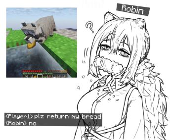 Rule 34 | 1girl, ?, animal ears, arknights, bags under eyes, breasts, food in mouth, freckles, greyscale, long hair, medium breasts, minecraft, monochrome, mooswig, raccoon ears, raccoon girl, ringed eyes, robin (arknights), screenshot inset, solo, upper body