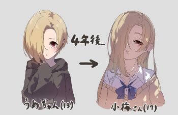 1girl age_difference aged_up alternate_hair_length alternate_hairstyle bags_under_eyes black_hoodie black_sweater blonde_hair blue_bow blush bow character_age collared_shirt commentary_request ear_piercing hair_over_one_eye highres hood hood_down hoodie idolmaster idolmaster_cinderella_girls kentake04 long_hair looking_at_viewer medium_hair off_shoulder piercing red_eyes shirasaka_koume shirt sleeves_past_fingers sleeves_past_wrists sweater translation_request white_shirt